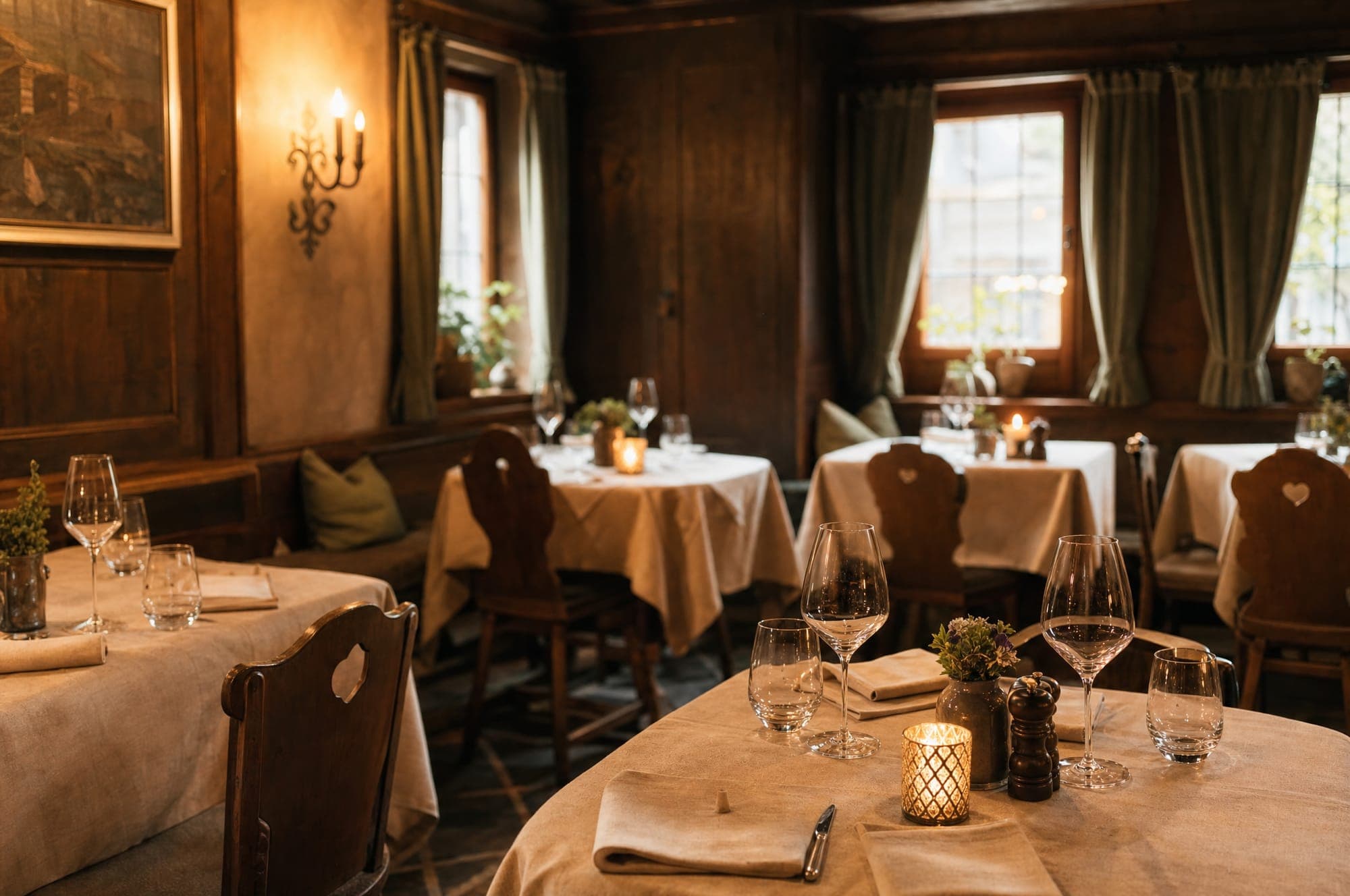 Die warm beleuchtete Wirtsstube des Restaurants Zum Kreuzstein mit gedeckten Tischen